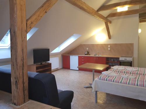 a attic room with a bed and a tv at Městský Hotel Dorinka in Hostinné