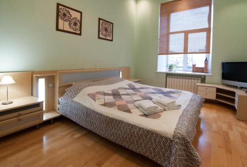 キーウにあるHome-Hotel Apartments-Mykhailivskaのベッドルーム(ベッド1台、テレビ付)