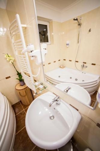 a bathroom with a sink and a bath tub at Business Class Apartment in Cluj-Napoca