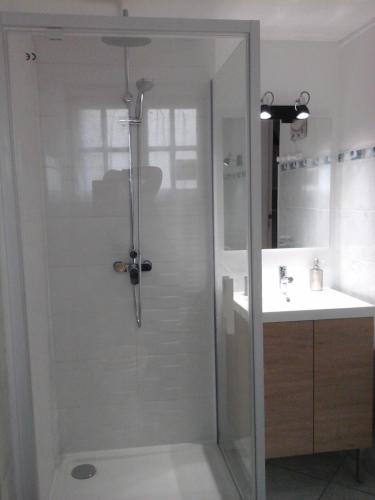 een douche met een glazen deur naast een wastafel bij Bienvenue chez vous in Honfleur
