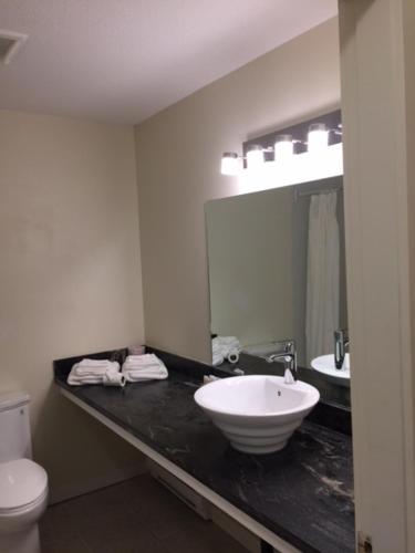 ein Badezimmer mit einem Waschbecken, einem WC und einem Spiegel in der Unterkunft Spruce Hill Resort & Spa in 108 Mile Ranch