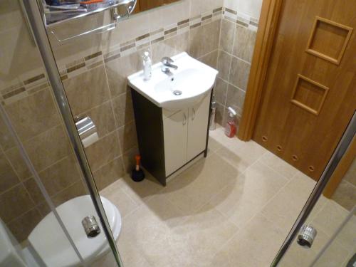 a bathroom with a sink and a shower and a toilet at Energy House in Jasło