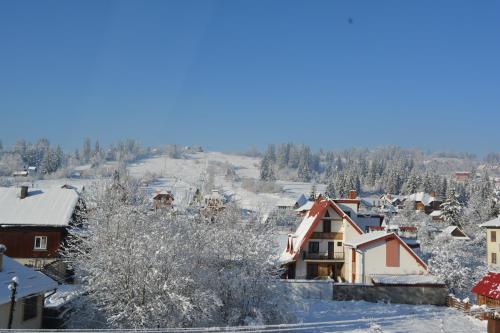 a small town covered in snow with houses at Кукулька міні-готель in Slavske
