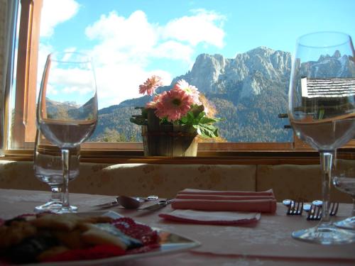 a table with two glasses of wine in front of a window at Hotel Gran Mugon in Vigo di Fassa