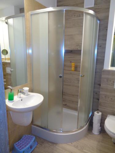 uma casa de banho com um chuveiro e um lavatório. em Apartament Happy em Świnoujście