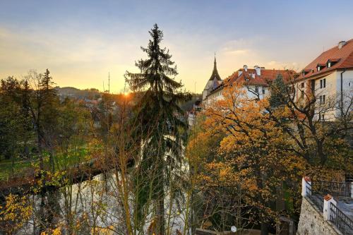 a view of a city with trees and buildings at Hotel Garni Myší Díra in Český Krumlov