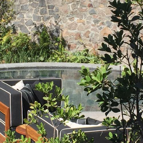 a pool in a garden with a couch and some plants at La Casa Rodavento in Valle de Bravo