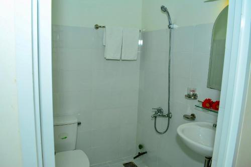 a bathroom with a shower and a toilet and a sink at Truong Ca Hotel in Phan Thiet