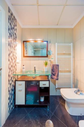 a bathroom with a sink and a toilet and a mirror at La Mata Beach Apartment in La Mata