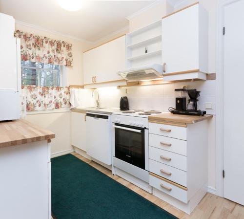 a kitchen with white cabinets and a green rug at Norrö Holiday Village in Bamböle