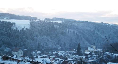 a town with snow covered buildings and a lake at Ferienwohnung Örtl 7 in Obernzell