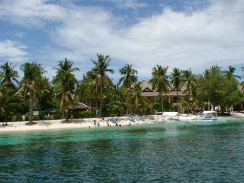 a beach with palm trees and people on the beach at Guanna's Place Room and Resto Bar in Malapascua Island