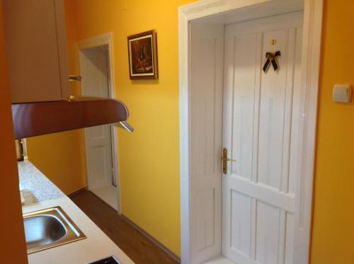 a kitchen with a white door and a sink at Apartments Villa Svetlana in Vrnjačka Banja