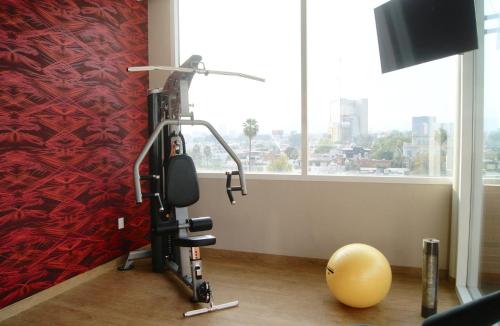 a gym with a exercise bike and a ball in a room at Hotel Velvet Plaza in Guadalajara