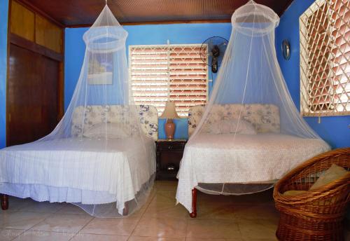 two beds in a room with blue walls at Fairmont in Negril