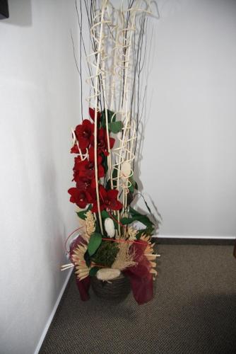 a plant with red flowers in a basket next to a wall at Art Hotel Podebrady in Poděbrady