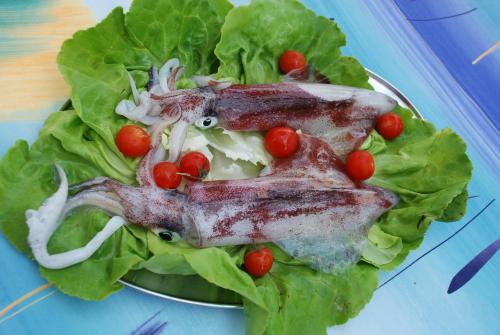 a plate of food with fish and tomatoes on lettuce at Hotel Villa Ombrosa in Portoferraio