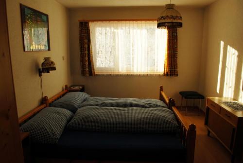 Klosters SerneusにあるFerienwohnungのベッド2台 窓付きのベッドルーム1室