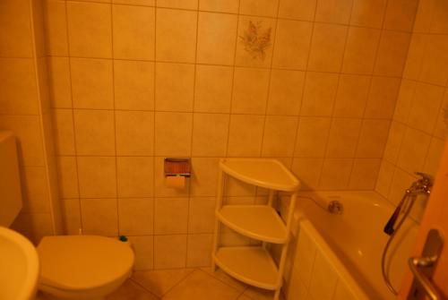 Klosters SerneusにあるFerienwohnungのバスルーム(トイレ、バスタブ、シンク付)