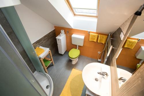 a small bathroom with a sink and a toilet at Apartments Rožič Bohinj in Bohinj