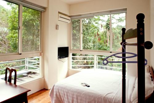 埔里鎮的住宿－漾之谷溫泉民宿 ，一间卧室设有一张床和两个窗户。