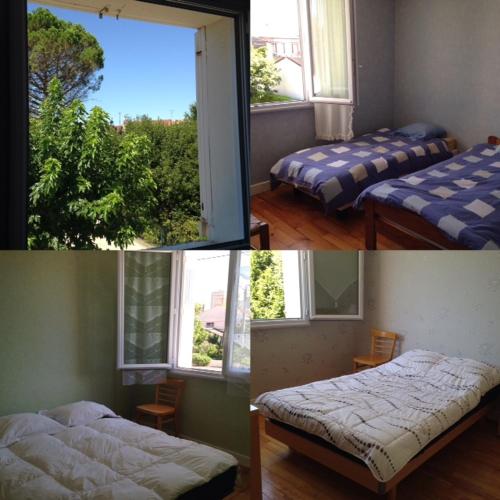 trois photos d'une chambre avec deux lits et des fenêtres dans l'établissement Maison Gite Albi, à Albi