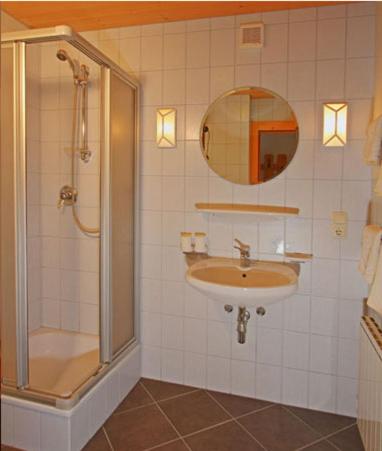 a bathroom with a sink and a shower and a mirror at Ferienwohnungen Haaser in Maurach