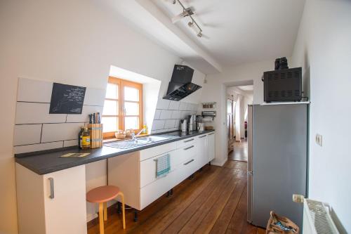a kitchen with a sink and a refrigerator at Schloss Auerbach Große Ferienwohnung in Bensheim