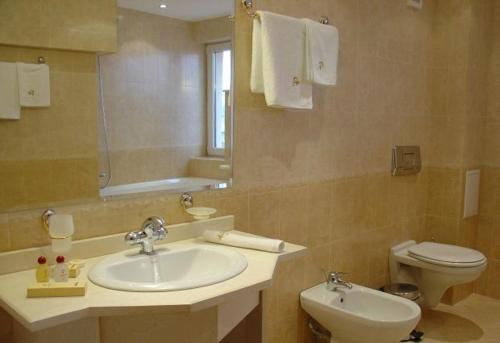 a bathroom with a sink and a toilet and a mirror at Troyan Plaza Hotel in Troyan