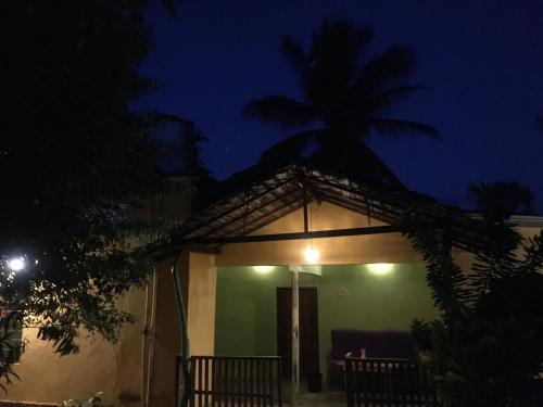 a house at night with a palm tree at Arne's Place in Arugam Bay