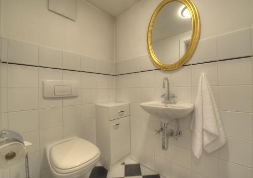 a bathroom with a toilet and a sink and a mirror at Chalet Anna Maria by Kaprun Rentals in Kaprun