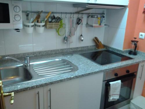 uma cozinha com um lavatório e uma bancada em Covelo no Porto