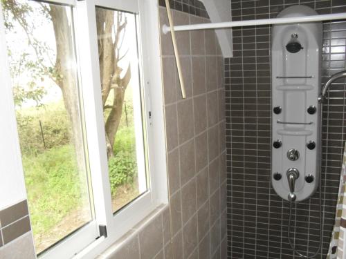 a shower with a window in a bathroom at Apartamentos na Casa São Bernardo in Alcobaça