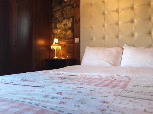 a bedroom with a large bed with a large headboard at Chalet Asteras tou Vorra in Palaios Agios Athanasios