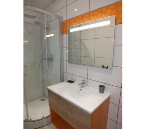 a bathroom with a sink and a shower and a mirror at Residence Miranto in Châteauroux