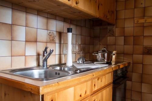 uma cozinha com um lavatório e um fogão em Zirbenchalet Eggriedl em Grossarl