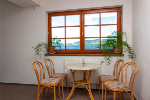 einen Tisch und Stühle in einem Zimmer mit Fenster in der Unterkunft Hotel Na Pláži in Horní Planá