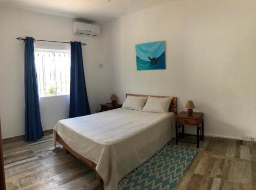 a bedroom with a large bed with blue curtains at Kays Residence in Pereybere