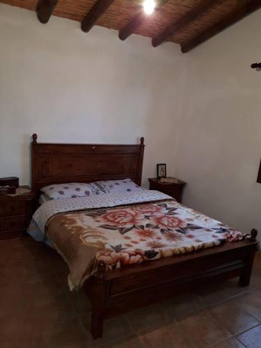 a bedroom with a large bed with a wooden headboard at Agrompelo House in Agros