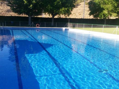 une grande piscine bleue avec des arbres en arrière-plan dans l'établissement Arroyo Milano Casa Rural, à Maello