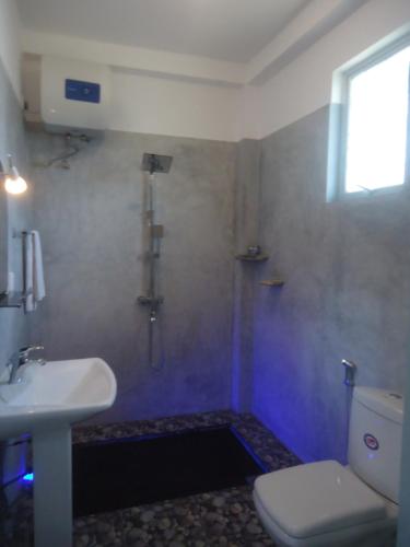 a bathroom with a shower and a toilet and a sink at Sun & Moon Good View Villa in Unawatuna