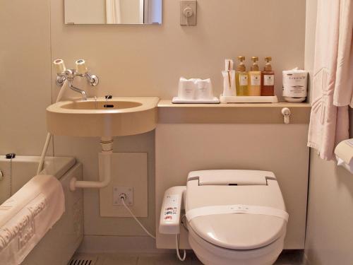 a small bathroom with a toilet and a sink at Kibi Kogen Resort Hotel in Kaga