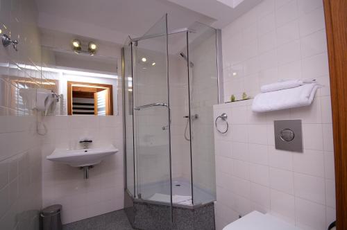 a bathroom with a glass shower and a sink at Hotel Kolegiacki in Poznań