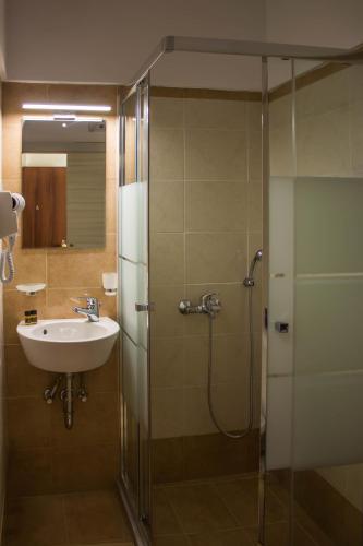 a bathroom with a shower and a sink at Bonne Nuit Pension in Nafplio