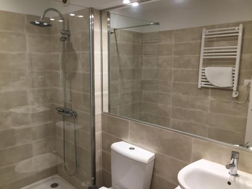 ein Bad mit einer Dusche, einem WC und einem Waschbecken in der Unterkunft Ribeira Apartment in Porto