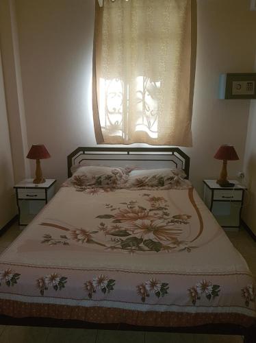 a bed in a bedroom with two lamps on two tables at Alpha Villa in Flic-en-Flac
