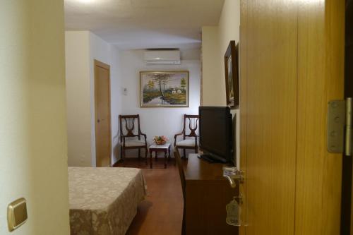 a bedroom with a television and a bed at Hotel Torrezaf in Torre del Campo