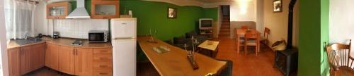 a kitchen with green walls and a white refrigerator at La casita Santa Bárbara in Macastre