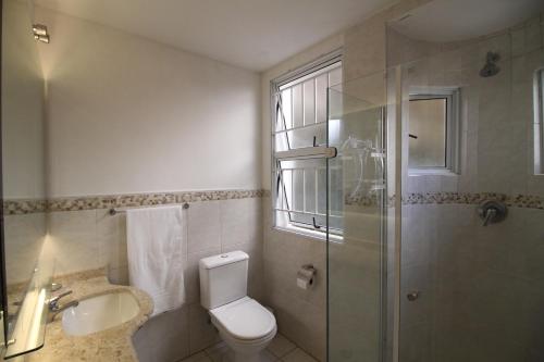 a bathroom with a shower and a toilet and a sink at Suites em Juquei in Juquei