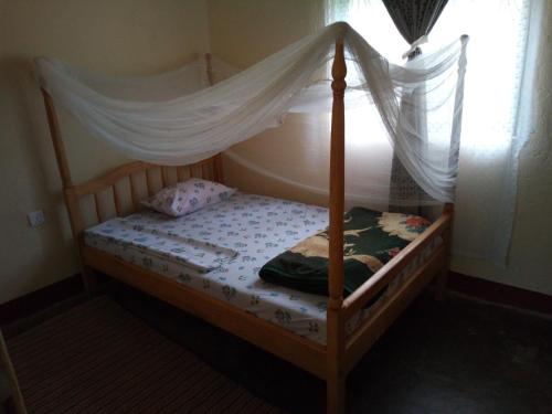 ein kleines Bett mit Baldachin in einem Schlafzimmer in der Unterkunft Rwenzori Trekking Homestay in Nyakalengija